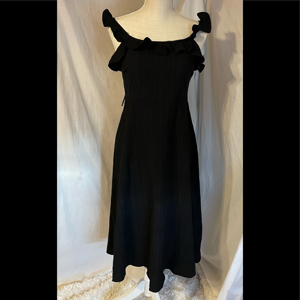 Tied to Your Love Black Tie-Back Ruffled Midi Dress